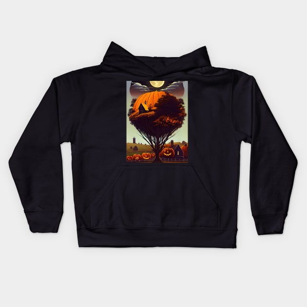 Halloween with tree, house,cornfield, moon, scarecrow Kids Hoodie by WhiteTeeRepresent